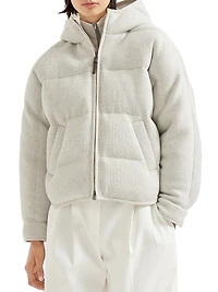 Sparkling Cashmere English Rib Knit Hooded Down Jacket with Shiny Zipper Pull