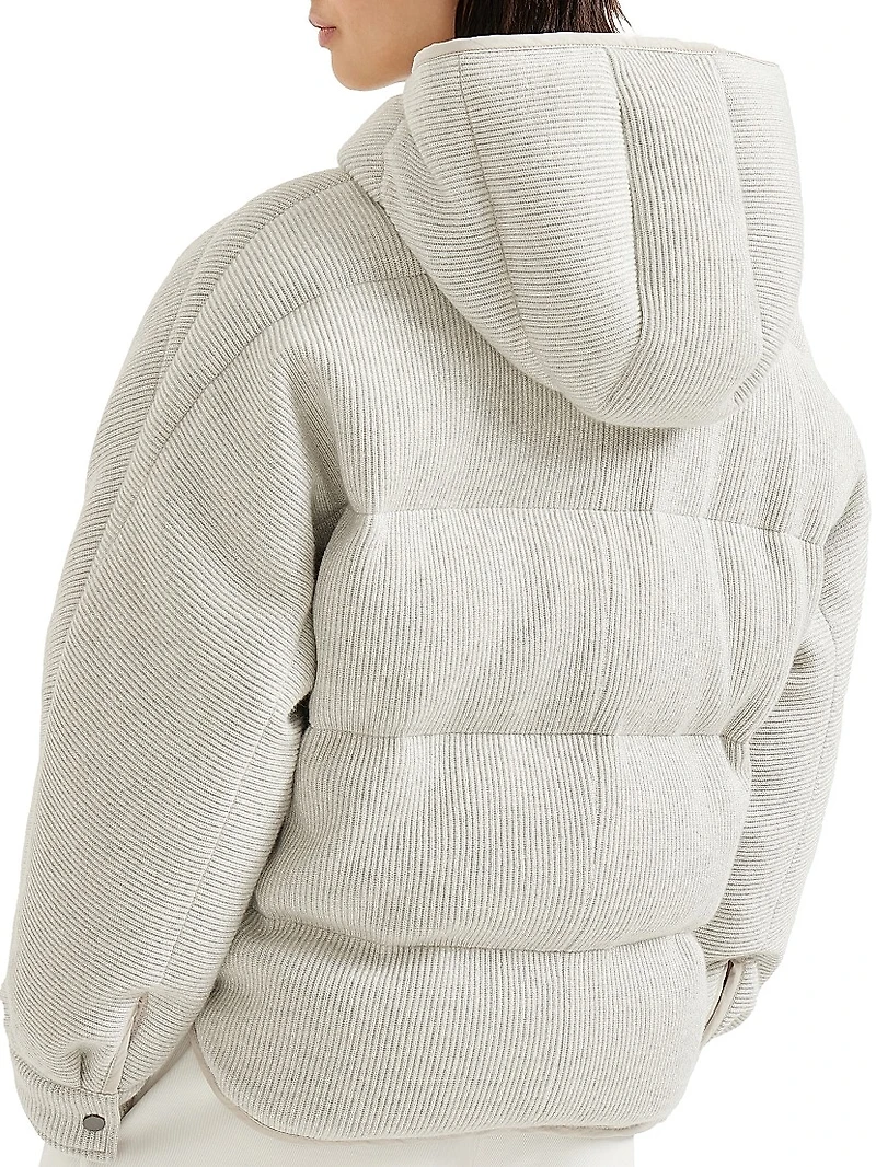 Sparkling Cashmere English Rib Knit Hooded Down Jacket with Shiny Zipper Pull
