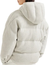 Sparkling Cashmere English Rib Knit Hooded Down Jacket with Shiny Zipper Pull