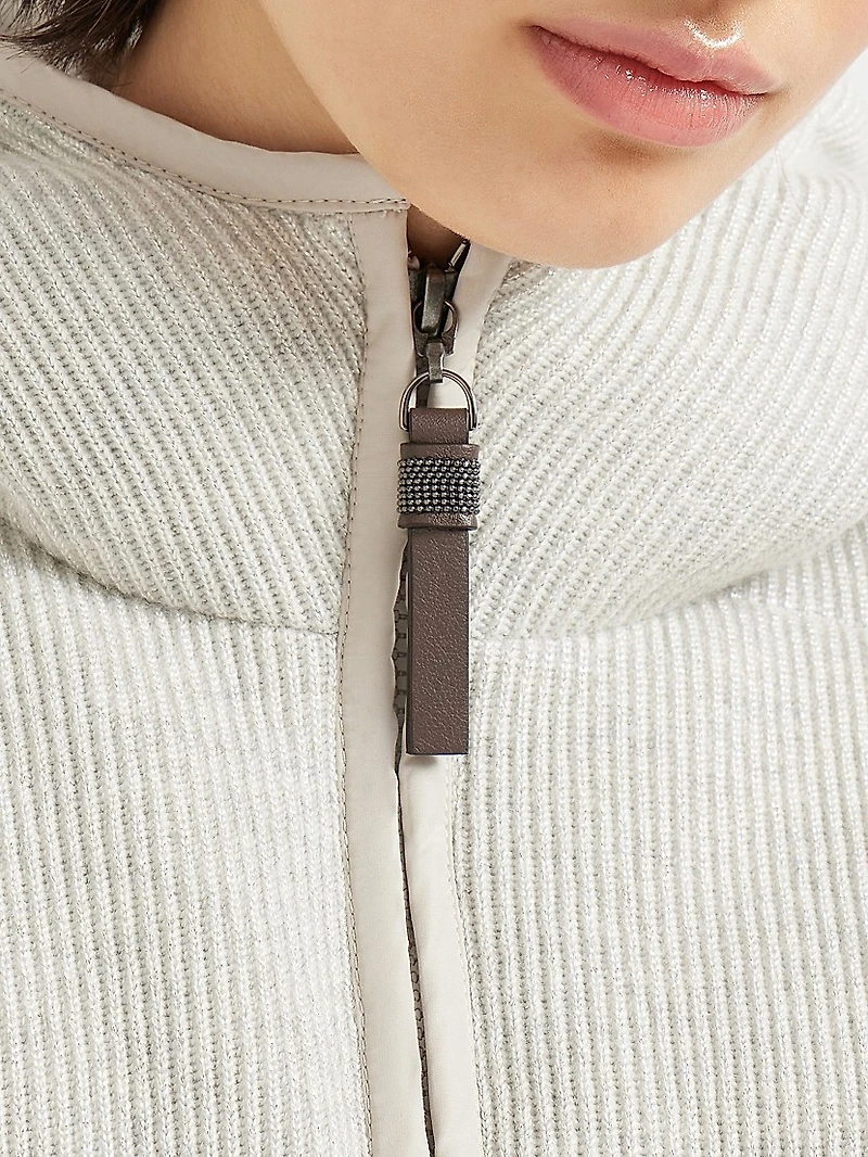 Sparkling Cashmere English Rib Knit Hooded Down Jacket with Shiny Zipper Pull