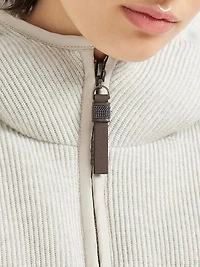 Sparkling Cashmere English Rib Knit Hooded Down Jacket with Shiny Zipper Pull