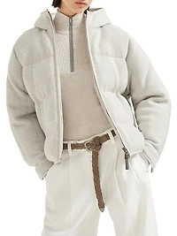 Sparkling Cashmere English Rib Knit Hooded Down Jacket with Shiny Zipper Pull