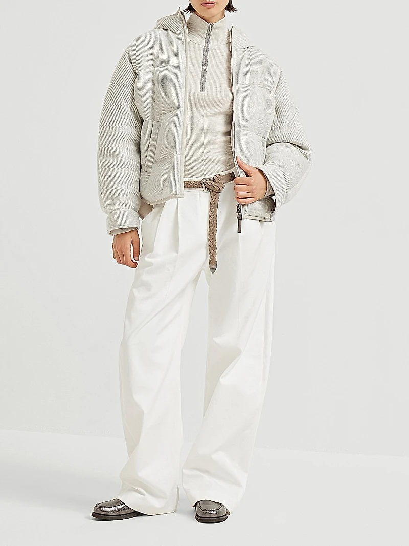 Sparkling Cashmere English Rib Knit Hooded Down Jacket with Shiny Zipper Pull