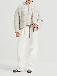 Sparkling Cashmere English Rib Knit Hooded Down Jacket with Shiny Zipper Pull