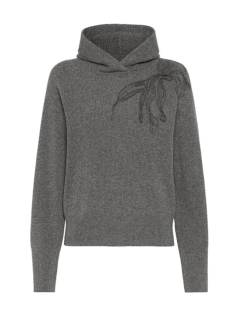Cashmere English Rib Hooded Sweater with Shiny Flower Embroidery
