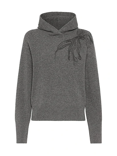 Cashmere English Rib Hooded Sweater with Shiny Flower Embroidery