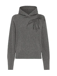 Cashmere English Rib Hooded Sweater with Shiny Flower Embroidery