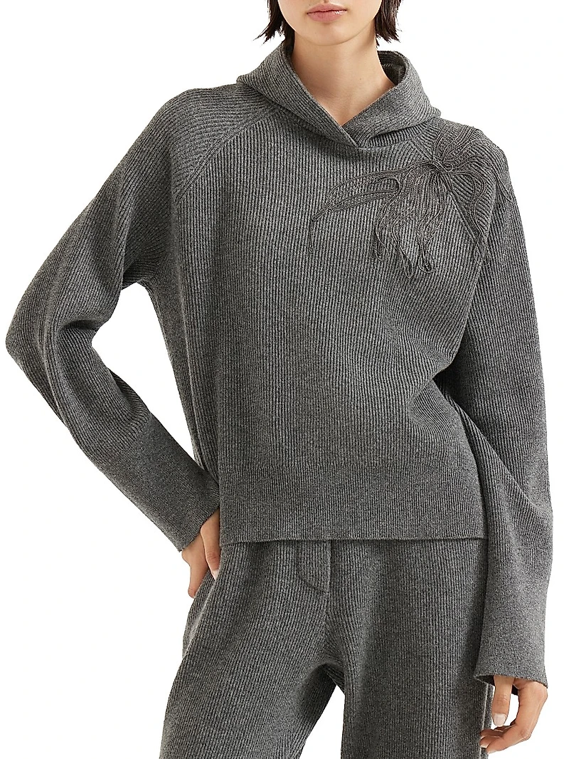 Cashmere English Rib Hooded Sweater with Shiny Flower Embroidery
