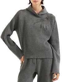 Cashmere English Rib Hooded Sweater with Shiny Flower Embroidery
