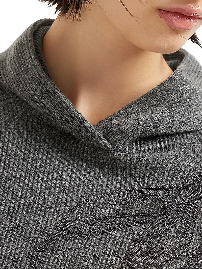 Cashmere English Rib Hooded Sweater with Shiny Flower Embroidery