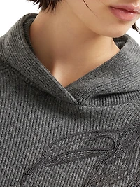 Cashmere English Rib Hooded Sweater with Shiny Flower Embroidery