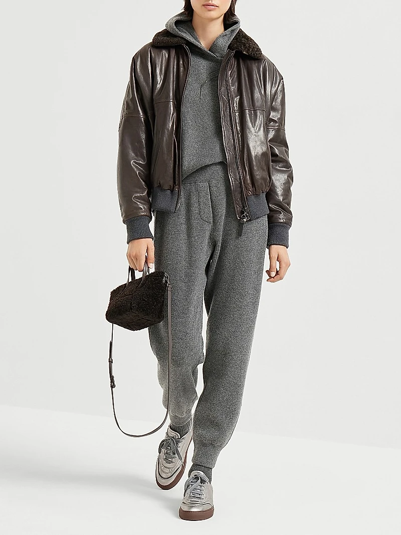 Cashmere English Rib Hooded Sweater with Shiny Flower Embroidery
