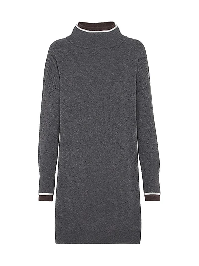 Virgin Wool Cashmere and Silk English Rib Dress with Shiny Contrast Trims