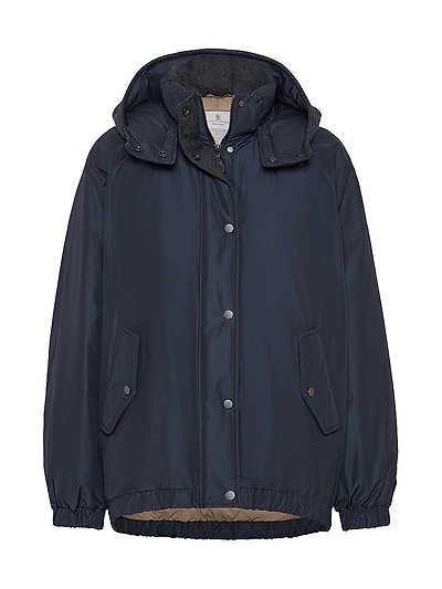 Techno Cotton Water Resistant Taffeta Down Jacket with Detachable Hood and Shiny Zipper Pull