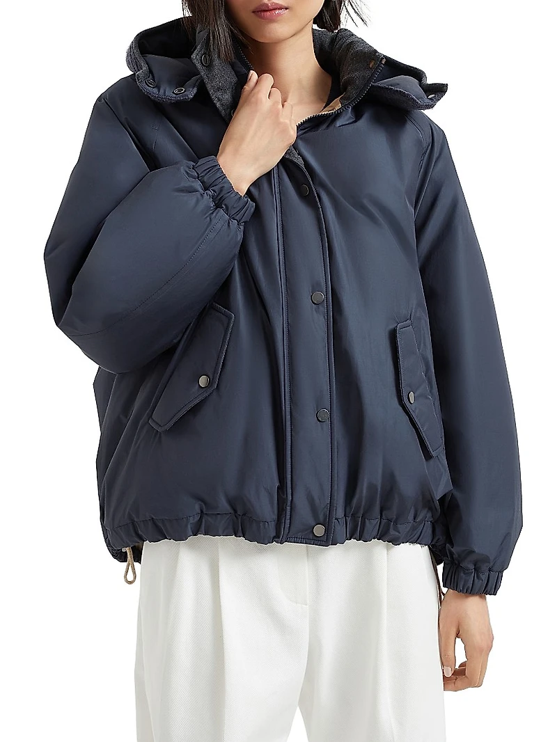 Techno Cotton Water Resistant Taffeta Down Jacket with Detachable Hood and Shiny Zipper Pull