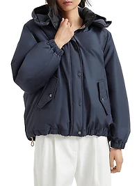Techno Cotton Water Resistant Taffeta Down Jacket with Detachable Hood and Shiny Zipper Pull