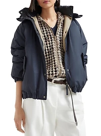 Techno Cotton Water Resistant Taffeta Down Jacket with Detachable Hood and Shiny Zipper Pull