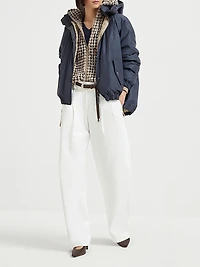 Techno Cotton Water Resistant Taffeta Down Jacket with Detachable Hood and Shiny Zipper Pull