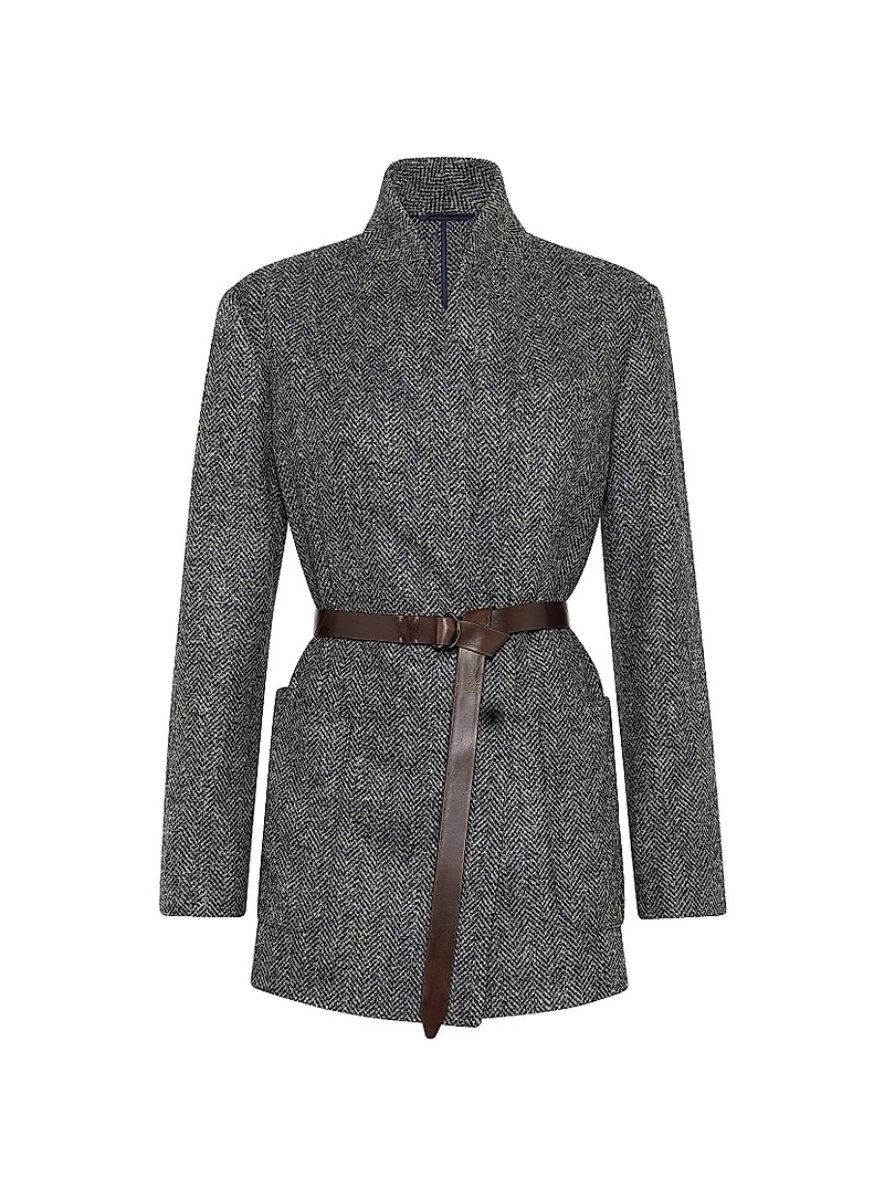 Virgin Wool Herringbone Tweed Blazer with Monili and Belt