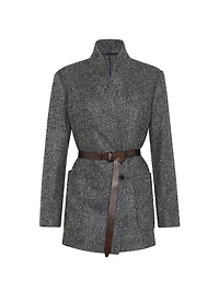 Virgin Wool Herringbone Tweed Blazer with Monili and Belt
