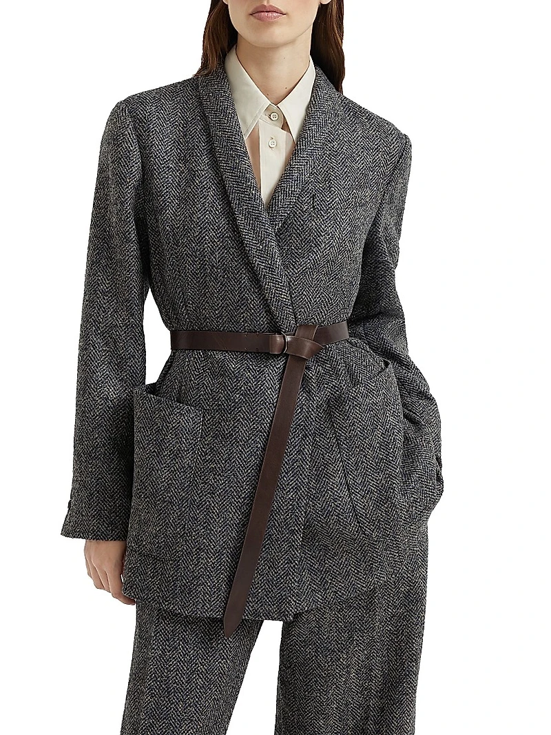 Virgin Wool Herringbone Tweed Blazer with Monili and Belt
