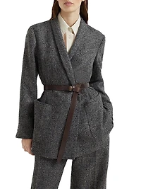 Virgin Wool Herringbone Tweed Blazer with Monili and Belt
