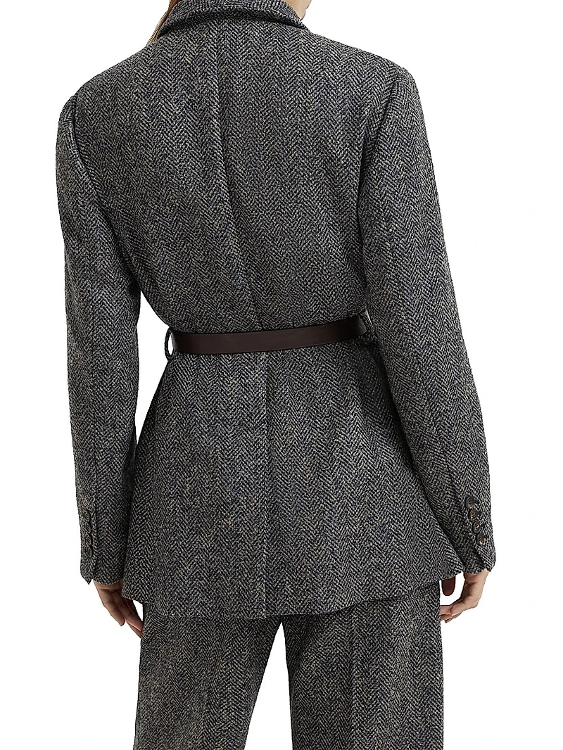 Virgin Wool Herringbone Tweed Blazer with Monili and Belt
