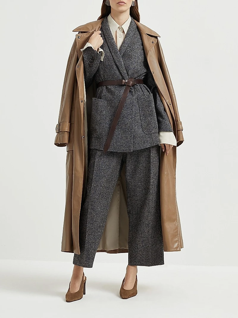 Virgin Wool Herringbone Tweed Blazer with Monili and Belt