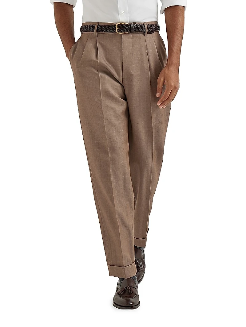 Wool Denim Leisure Fit Trousers with Double Pleats