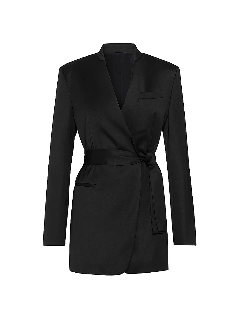 Virgin Wool Stretch Satin Belted Blazer with Monili