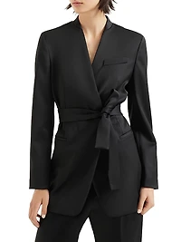 Virgin Wool Stretch Satin Belted Blazer with Monili