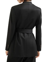 Virgin Wool Stretch Satin Belted Blazer with Monili