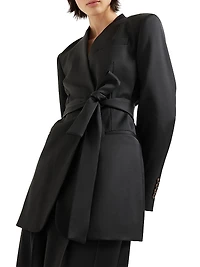 Virgin Wool Stretch Satin Belted Blazer with Monili