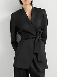 Virgin Wool Stretch Satin Belted Blazer with Monili