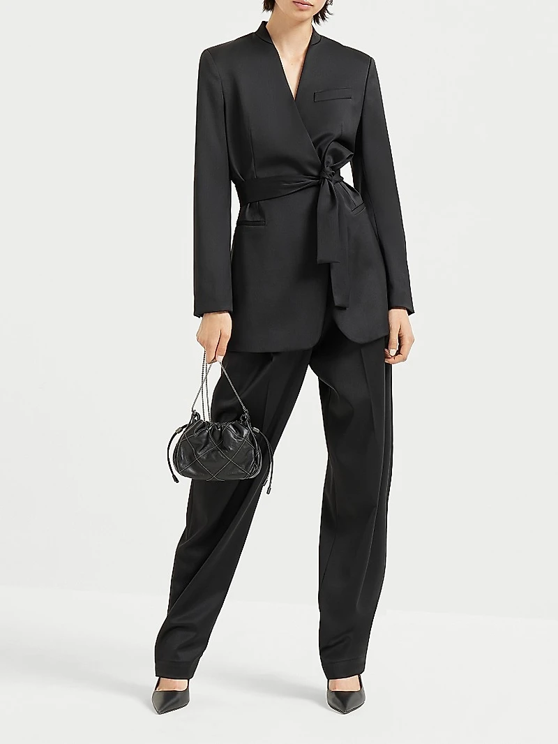 Virgin Wool Stretch Satin Belted Blazer with Monili