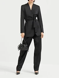 Virgin Wool Stretch Satin Belted Blazer with Monili