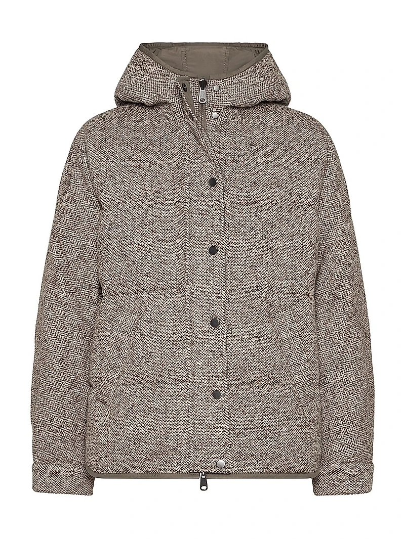 Flecked Virgin Wool and Silk Chevron Hooded Down Jacket
