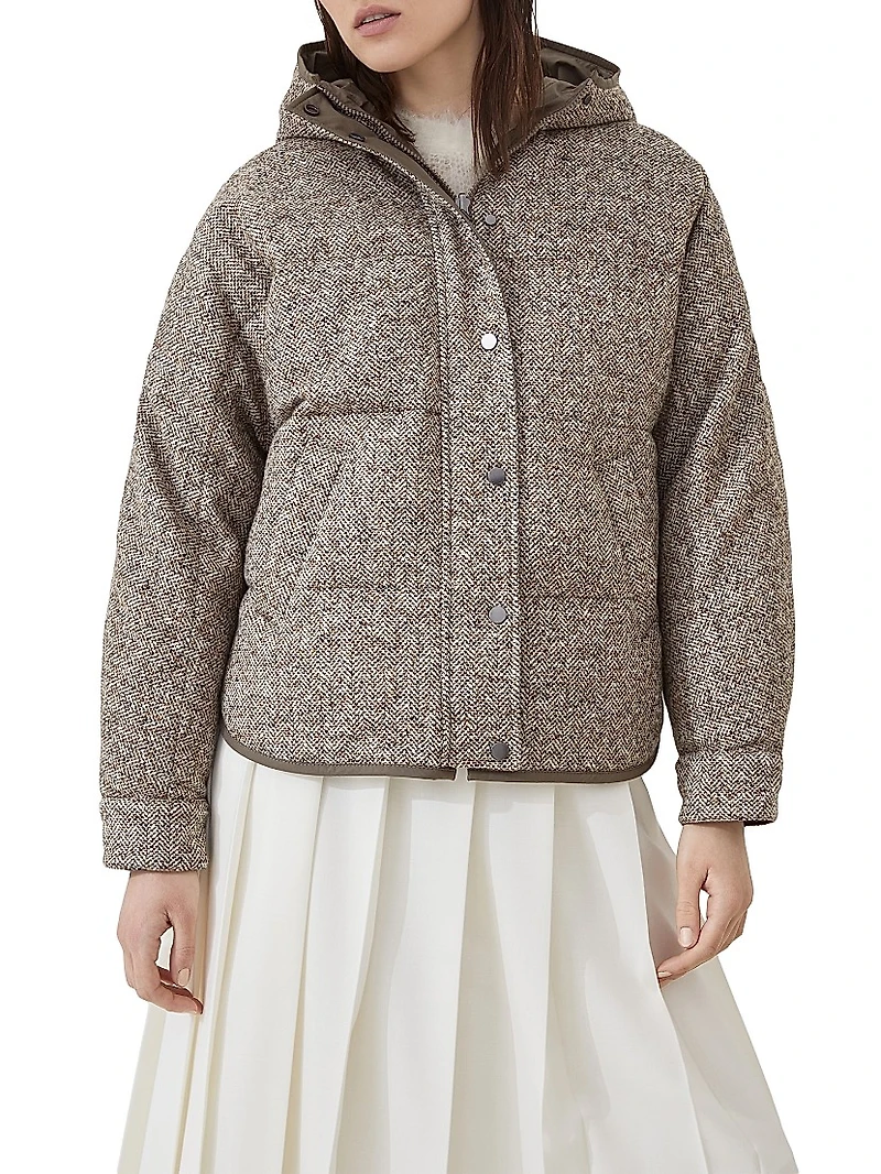 Flecked Virgin Wool and Silk Chevron Hooded Down Jacket