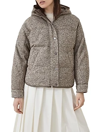 Flecked Virgin Wool and Silk Chevron Hooded Down Jacket