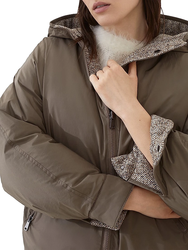 Flecked Virgin Wool and Silk Chevron Hooded Down Jacket