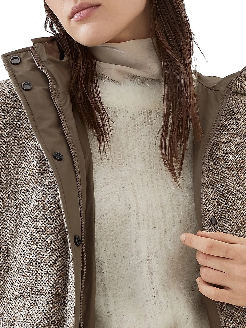 Flecked Virgin Wool and Silk Chevron Hooded Down Jacket