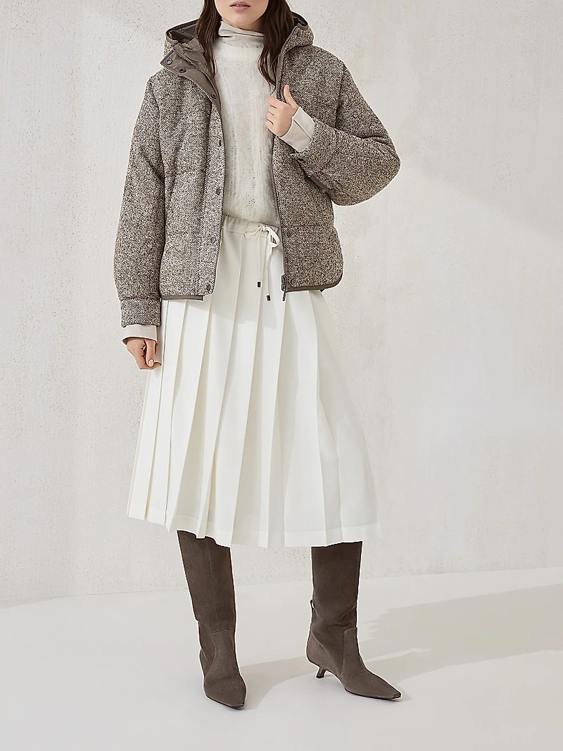 Flecked Virgin Wool and Silk Chevron Hooded Down Jacket