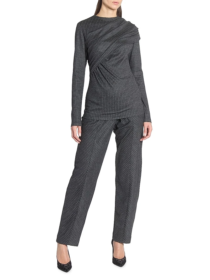 Asna Virgin Wool Pinstriped Draped Top