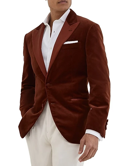 Cotton and Silk Velvet Tuxedo Jacket with Peak Lapels