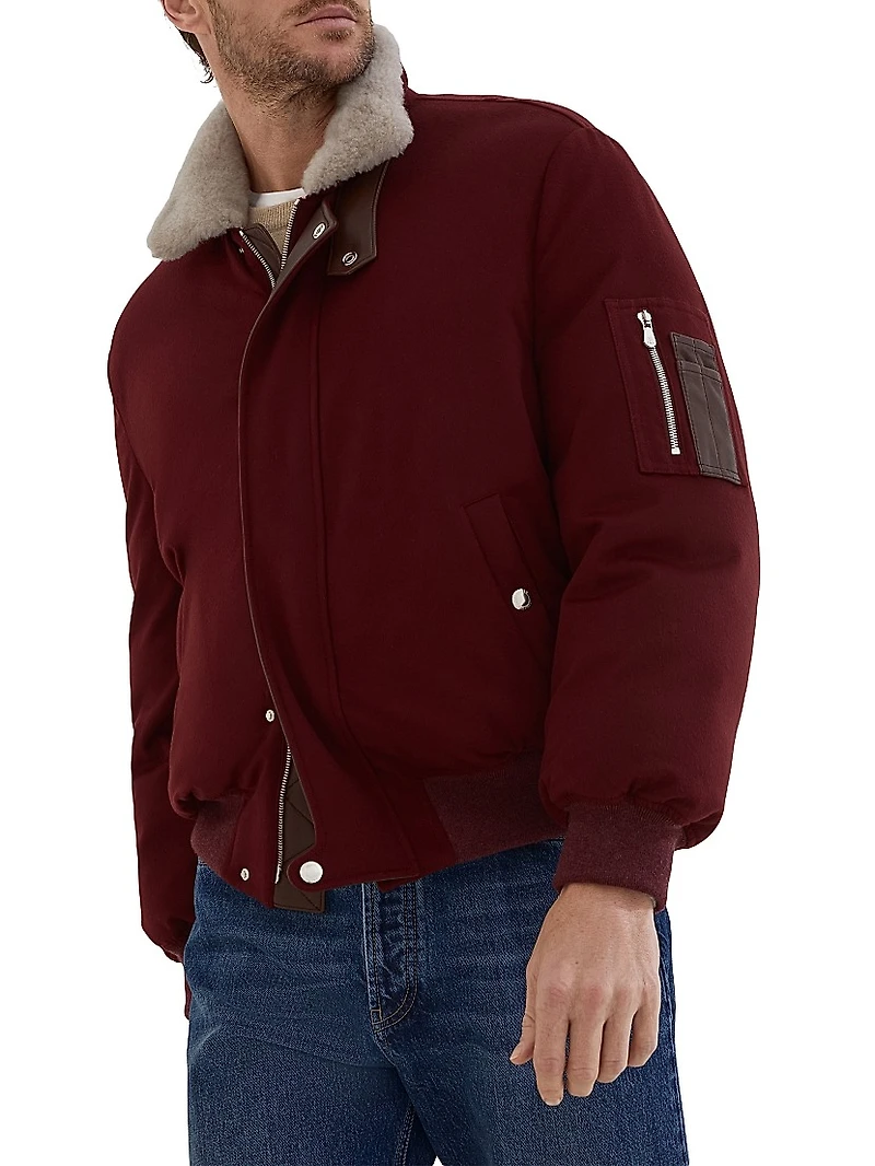 Bonded Wool Flannel Down Jacket with Shearling Lined Collar