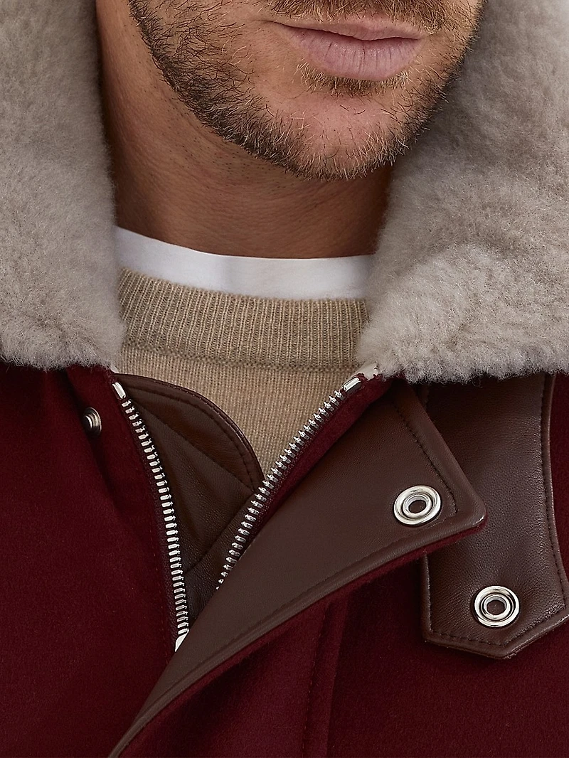 Bonded Wool Flannel Down Jacket with Shearling Lined Collar