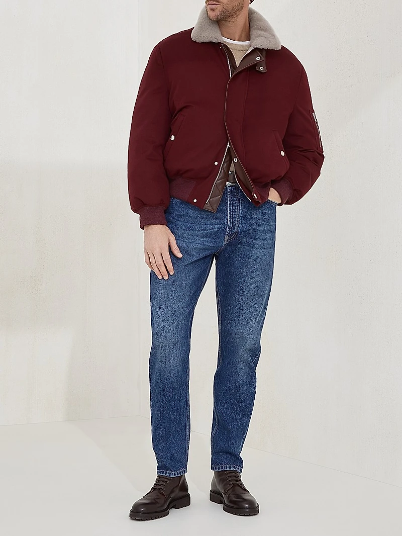 Bonded Wool Flannel Down Jacket with Shearling Lined Collar