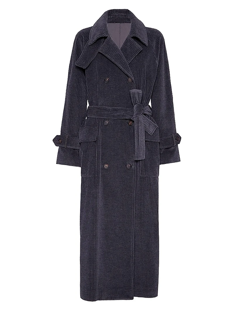 Cotton and Cashmere Wide Rib Corduroy Trench with Shiny Cuff Details