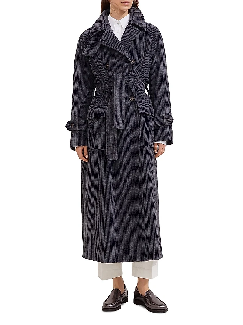 Cotton and Cashmere Wide Rib Corduroy Trench with Shiny Cuff Details