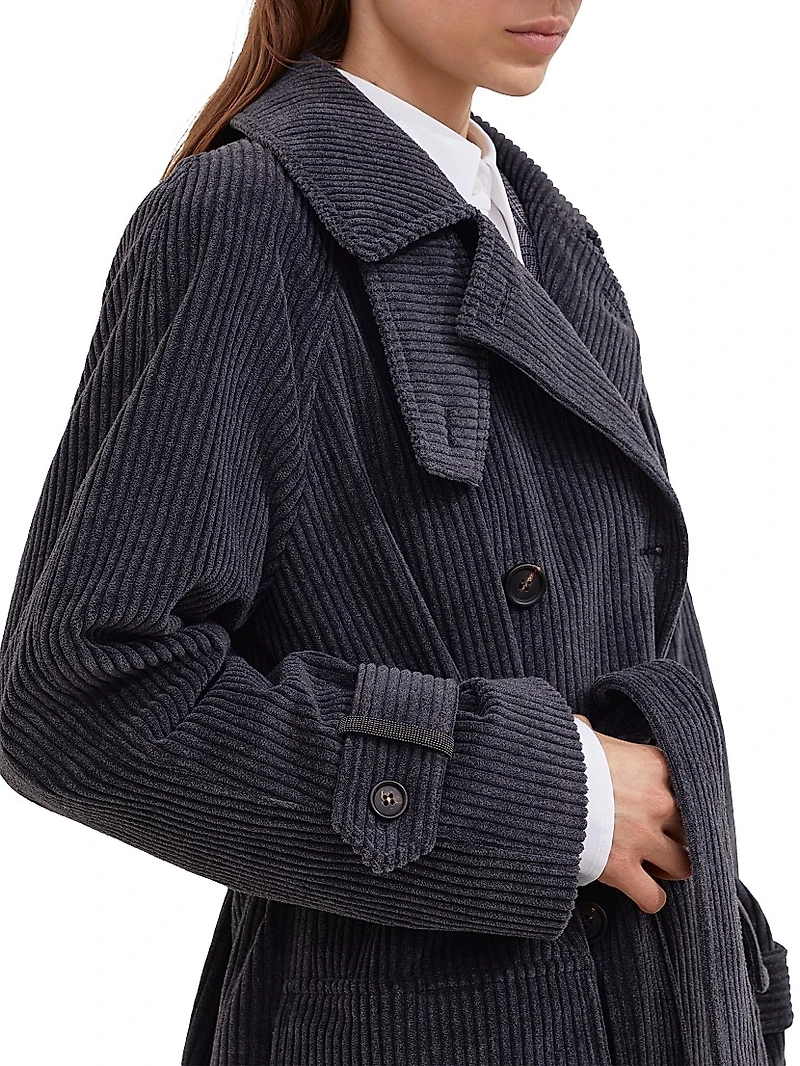 Cotton and Cashmere Wide Rib Corduroy Trench with Shiny Cuff Details